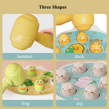 Four panels showing the hammer and the duck, frog and pig pounding toy boards