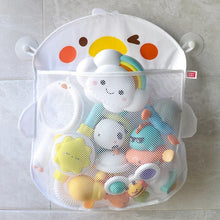 Duck mesh bath toy storage bag with colorful toys shown on a bathroom floor.