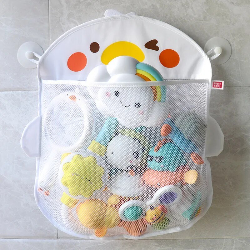 Duck mesh bath toy storage bag with colorful toys shown on a bathroom floor.