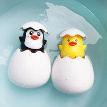 Duck and Penguin Egg Water Spray Bath Toy shown as matching penguin and duck figurines for bath time sets.