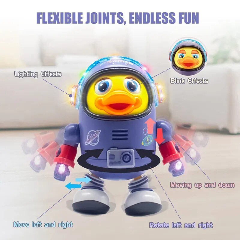 Musical Baby Duck Robot dancing toy close-up of astronaut helmet and flexible joints for hands-on play.