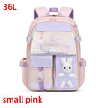 Durable 55L primary school backpack for girls in pink and purple bunny styling for daily classes and after-school activities.