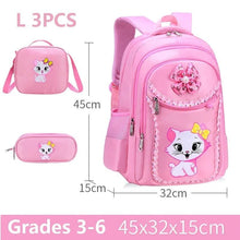 Durable pink school bag with matching pouch and size details for girls carrying books and lunch each day.