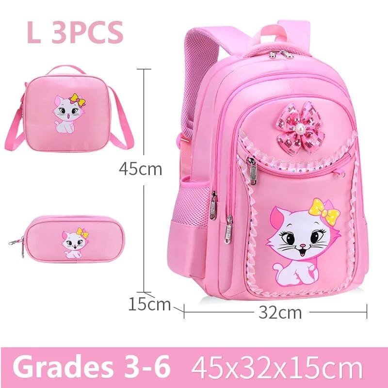 Durable pink school bag with matching pouch and size details for girls carrying books and lunch each day.