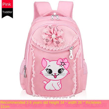 Pink backpack with a cartoon cat design.