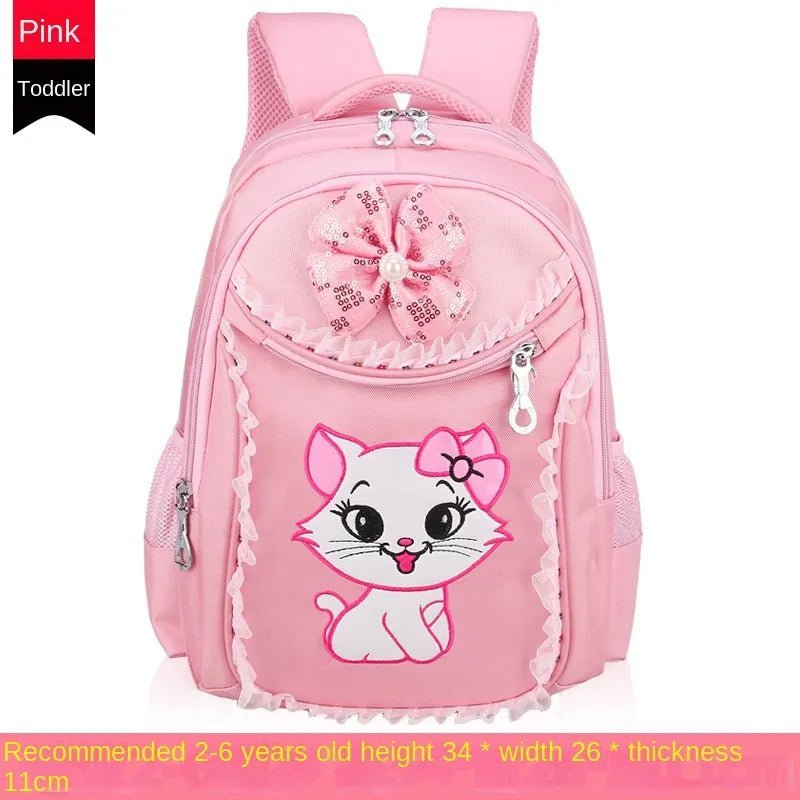 Pink backpack with a cartoon cat design.