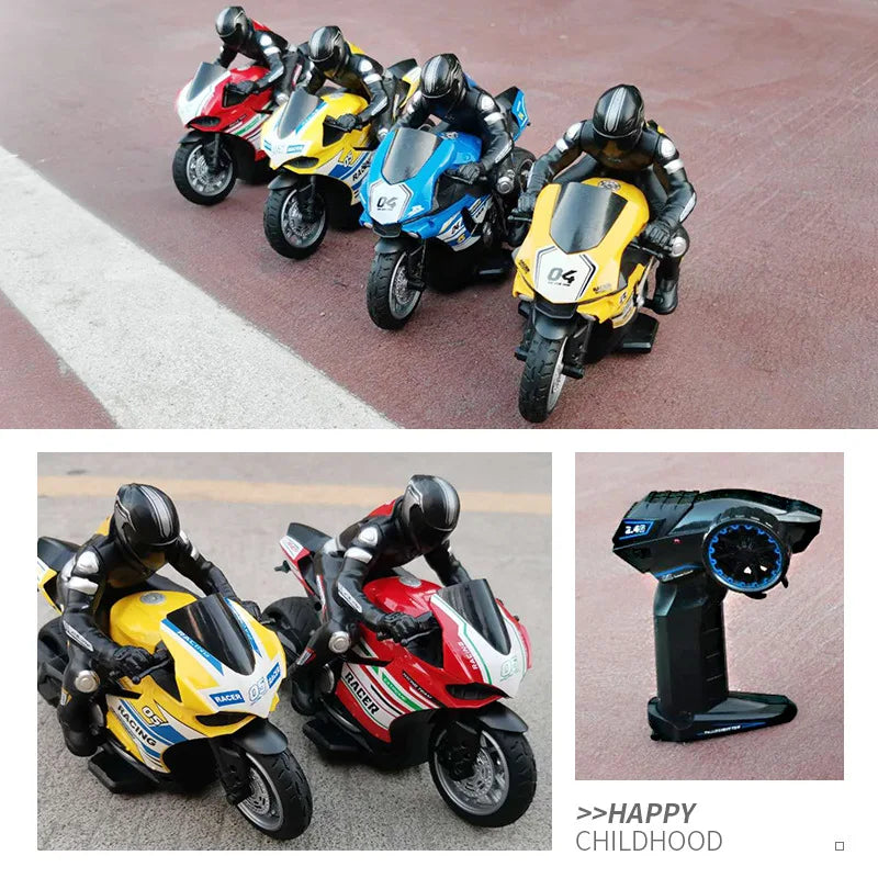 Colorful toy motorcycles on a road with a remote control.