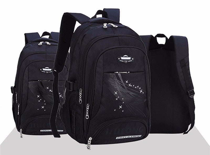 Three black backpacks with a visible brand logo