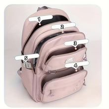 Pink backpack with labeled compartments.