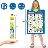 Child holding a large educational mat with alphabet and numbers, showing dimensions and certification logos.