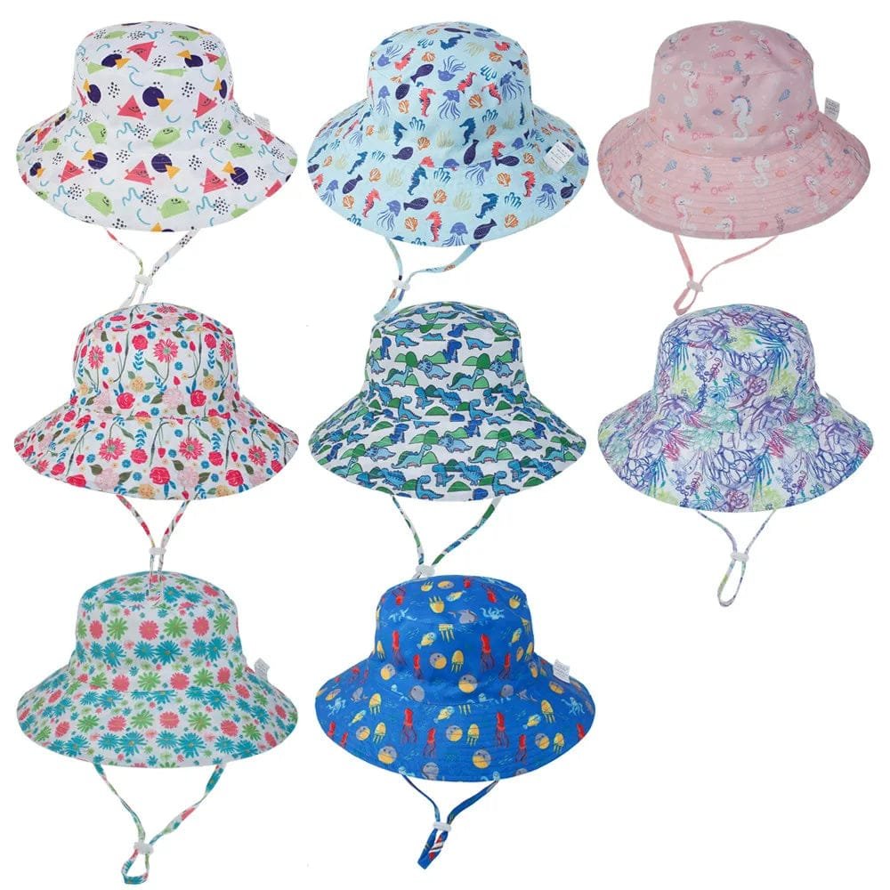 Set of colorful children's bucket hats with various patterns on a white background
