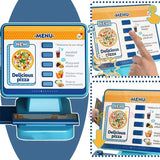 Toy cash register set with pizza-themed menu and items