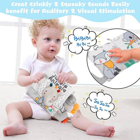 Child playing with a soft book featuring crinkly and squeaky sounds, with text about auditory and visual stimulation.