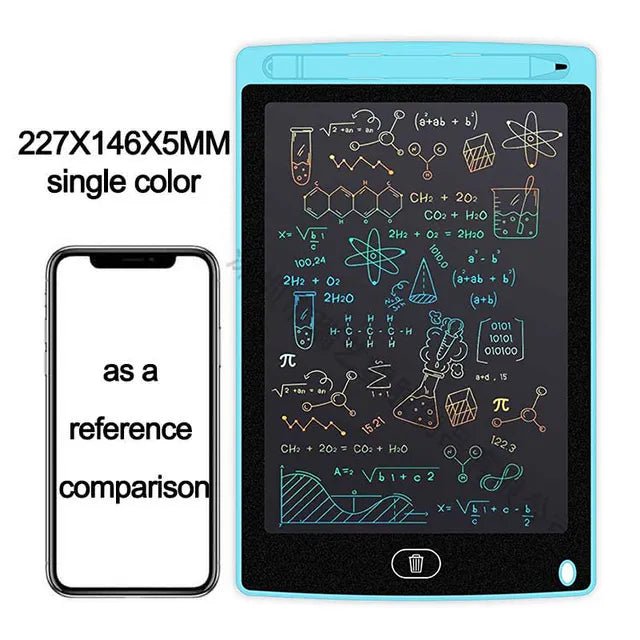 Small electronic device with a screen displaying chemical formulas next to a smartphone for size comparison.