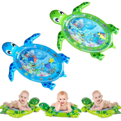 Two inflatable turtle-shaped water play mats with baby illustrations on a white background.