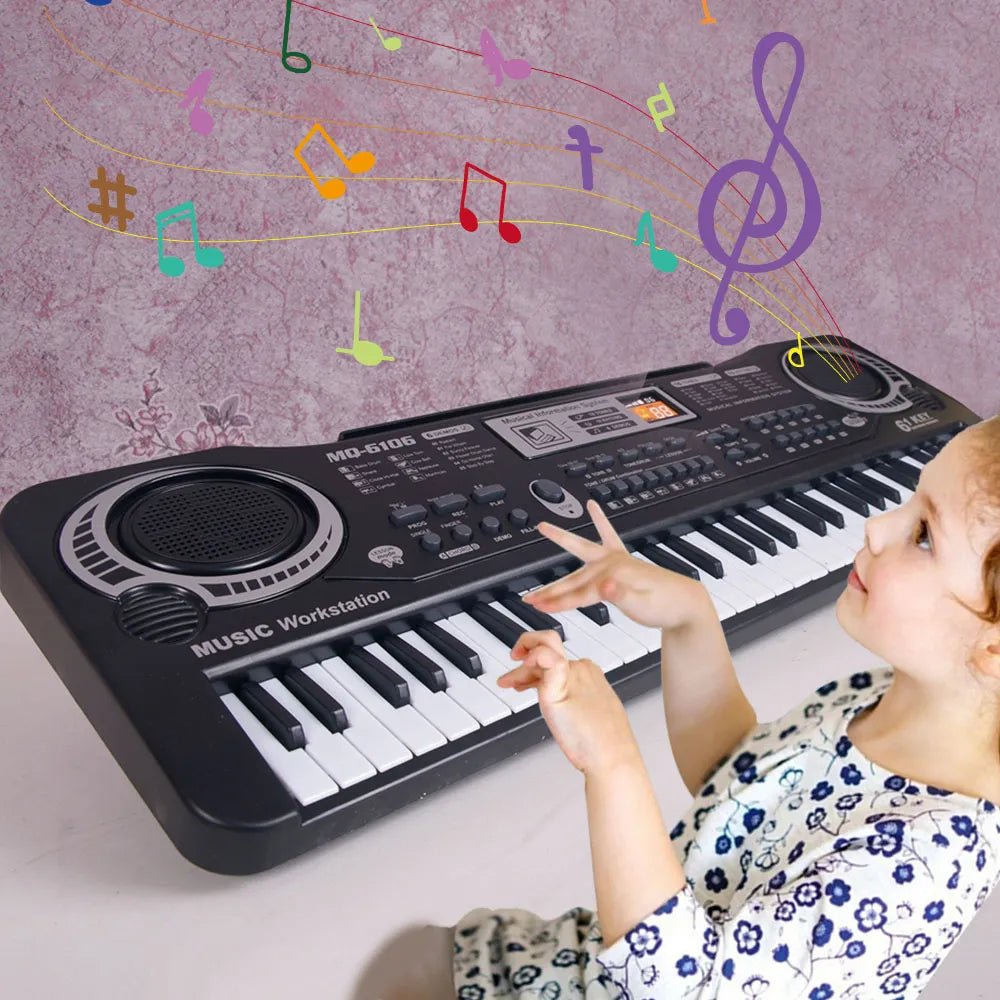 Child playing a toy keyboard with colorful musical notes in the background