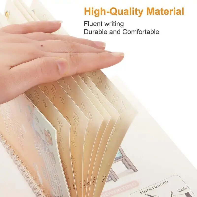 Hand holding a spiral-bound notebook with text about high-quality material, fluent writing, durability, and comfort.