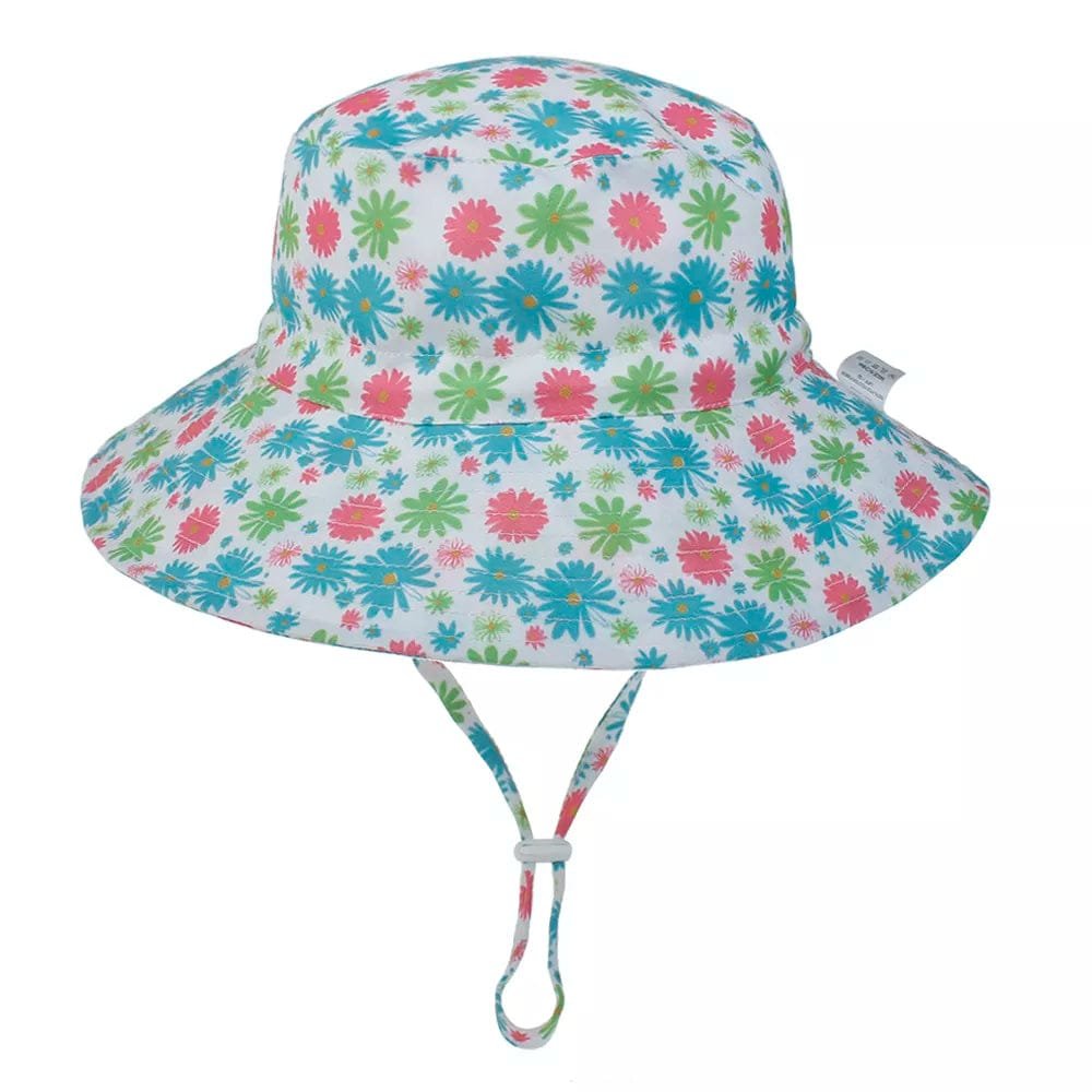 Floral patterned sun hat with a strap on a white background