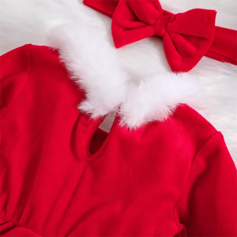 Red outfit with white fur collar and red bow on a white background