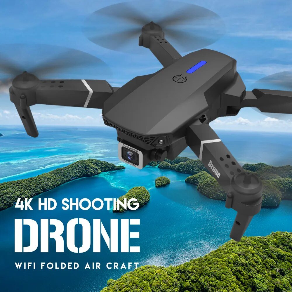 E525 E88 Pro foldable RC drone capturing 4K HD aerial shots over scenic landscape.