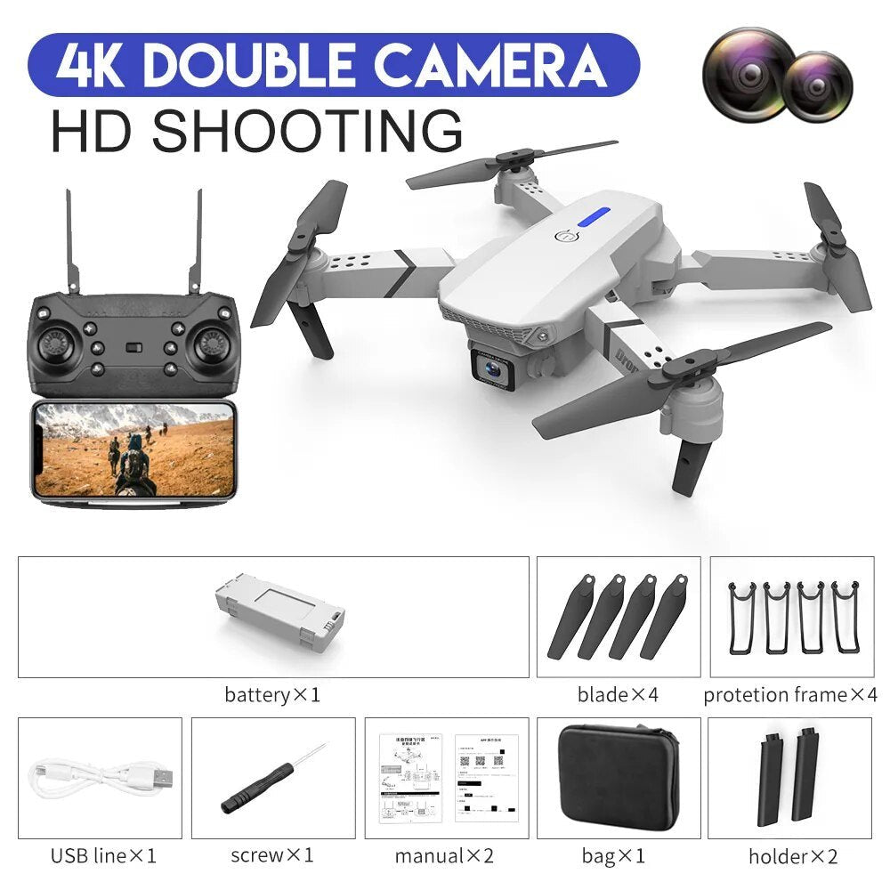 E525 E88 Pro WiFi FPV drone accessory kit flat lay showing camera and remote for outdoor play.