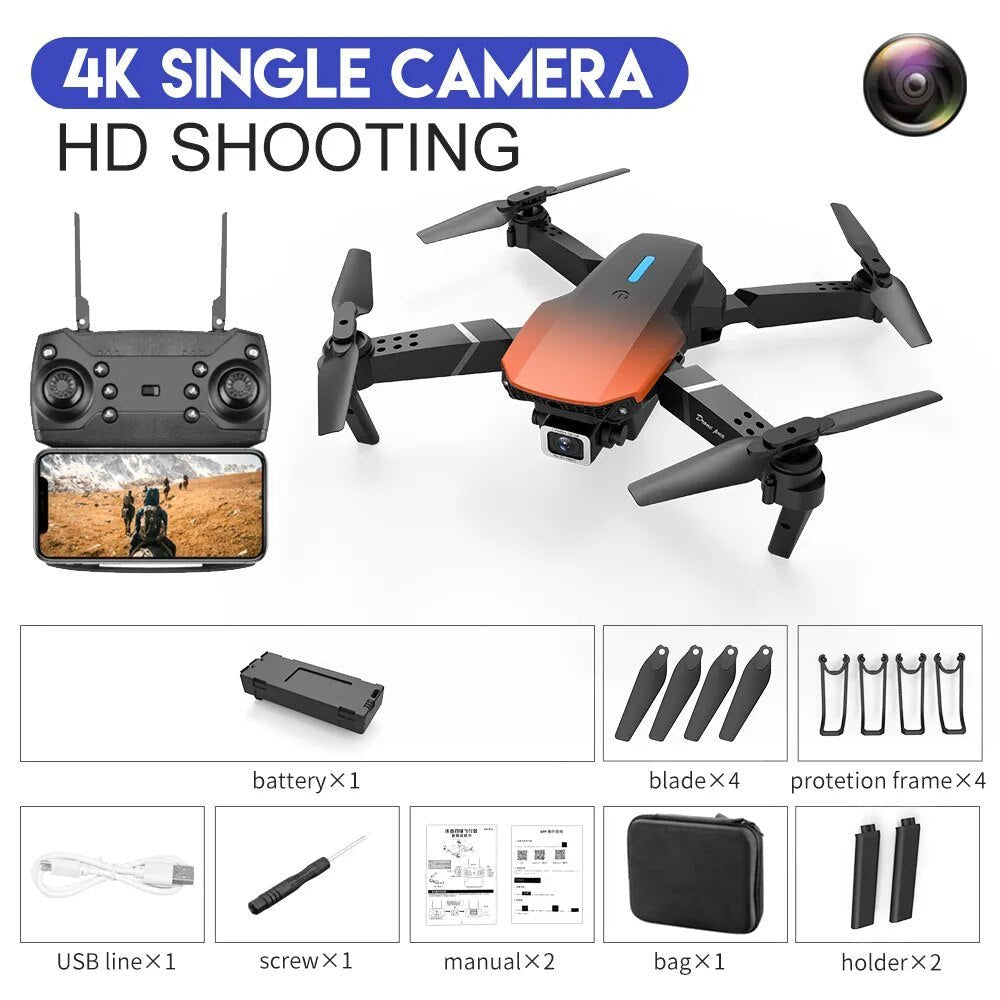 E525 E88 Pro WiFi FPV drone battery pack and accessories shown for RC gift toy setup.
