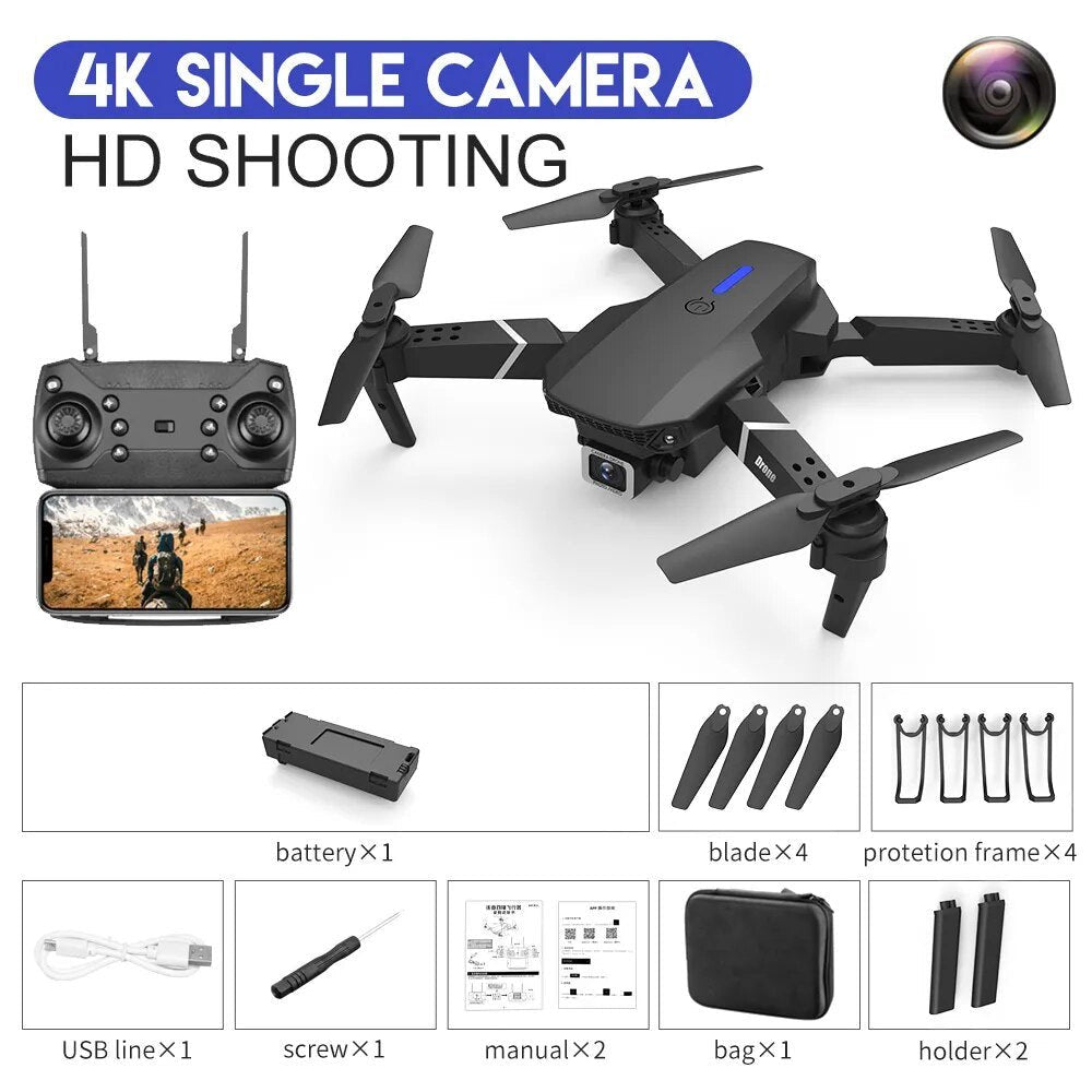 Black E525 E88 Pro WiFi FPV drone with remote control and accessories for foldable RC flying.