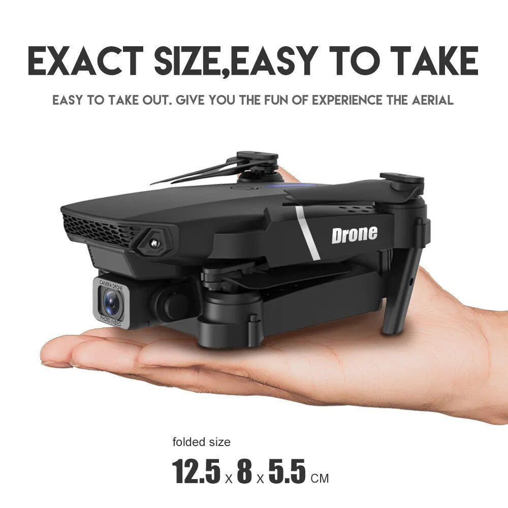 E525 E88 Pro foldable RC drone shown compact and handheld for easy portable flying.