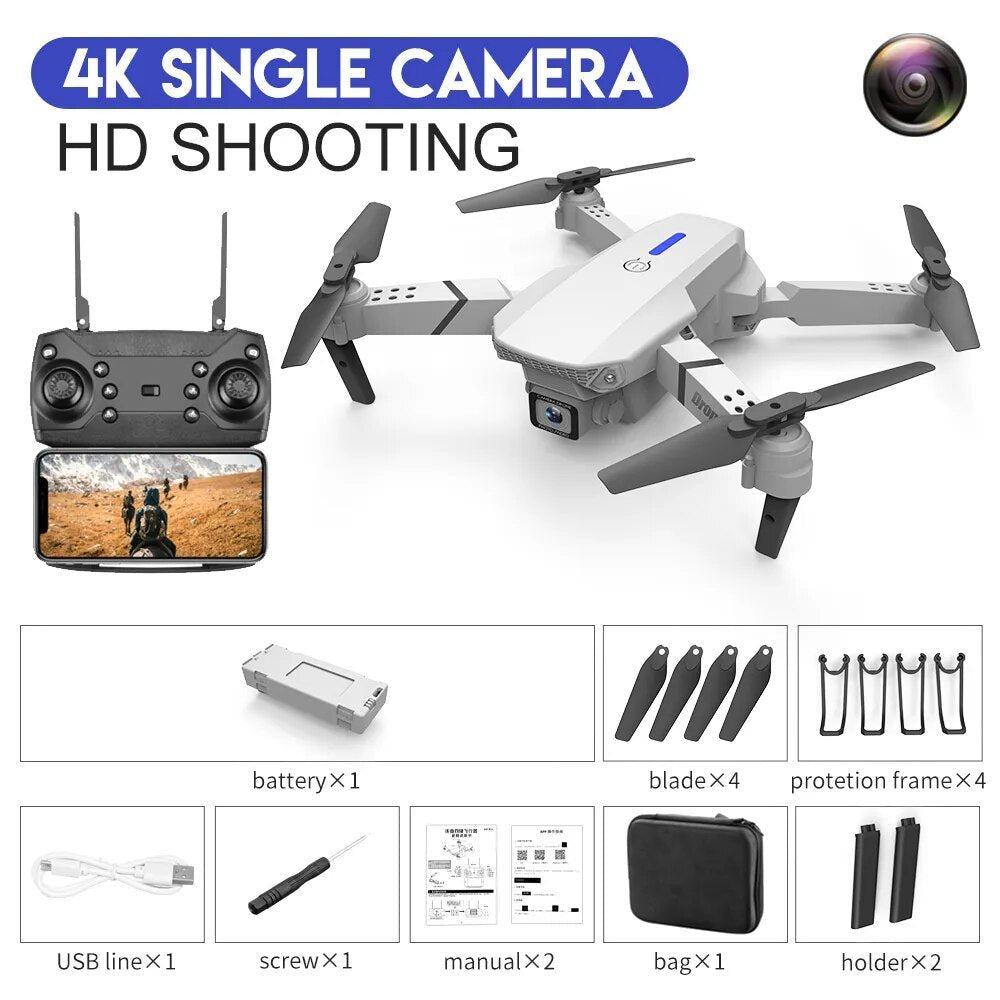 E525 E88 Pro WiFi FPV drone with remote control, camera, and full accessory set for RC gift toy use.