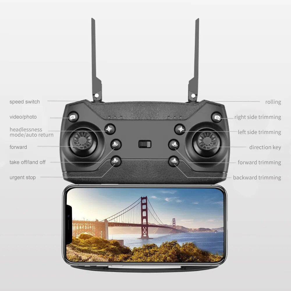 E525 E88 Pro WiFi FPV drone remote control paired with smartphone for live first-person view flying.