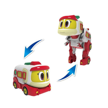 Toy figure that transforms from a vehicle to a robot on a white background