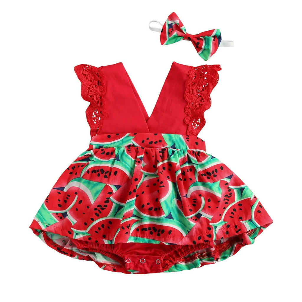 Baby romper with watermelon pattern and matching headband on a white background