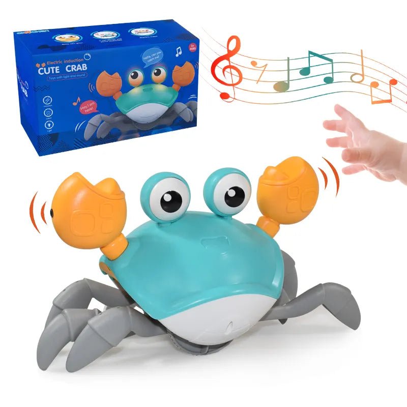 Toy crab with music notes, hand reaching towards it, and toy box in the corner.