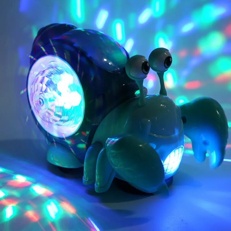 Toy snail with disco ball on a reflective surface with colorful lights in the background