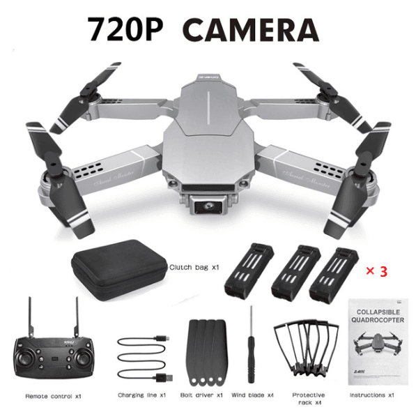 E68 collapsible quadcopter with its accessory layout for quick setup before backyard and park flying.