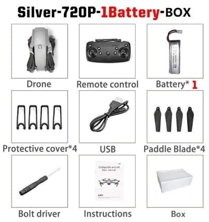 E68 drone silver 720P package contents as an entry level kit for casual flying and learning drone basics.
