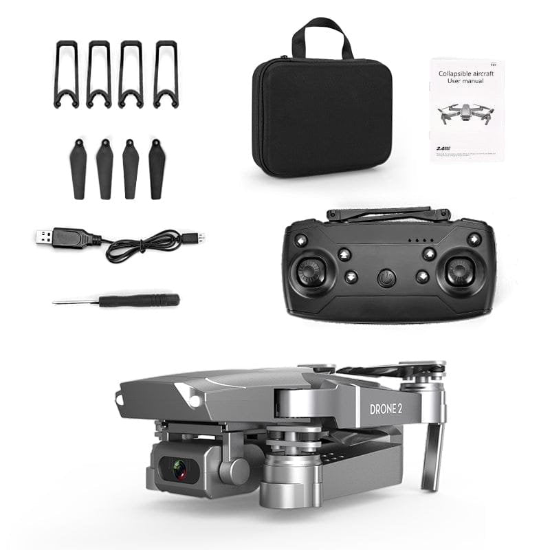 E68 foldable drone kit with carry case, USB cable, spare propellers, and tool for travel-ready flying sessions.