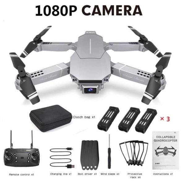 E68 folding drone travel kit layout for outdoor photography trips, camping, and family holiday filming.