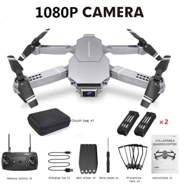 E68 quadcopter drone accessory overview from a second angle for shoppers comparing included flight gear.