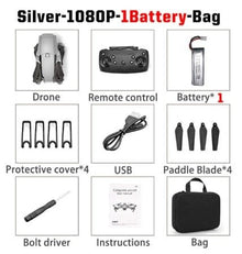 E68 silver quadcopter included accessories summary for shoppers comparing drone bundles before purchase.