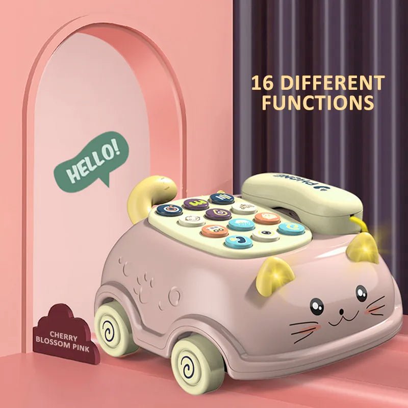 Toy phone with cat design on a pink background, labeled '16 Different Functions' and 'Cherry Blossom Pink'.