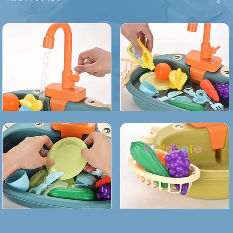 Children's toy kitchen set with sink, vegetables, and fruits on a blue background