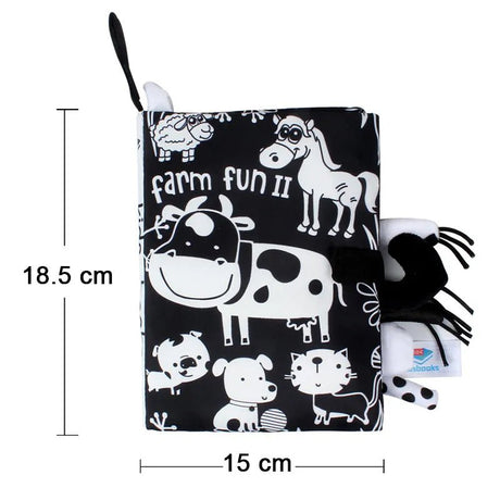 Black and white patterned product with farm animal designs and dimensions displayed.