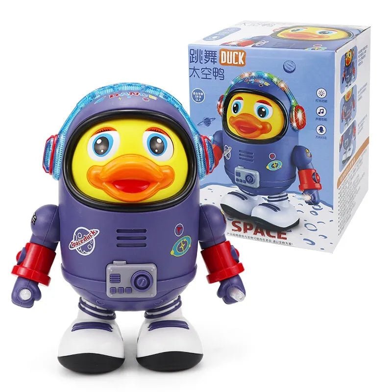 Toy duck in an astronaut suit with packaging in the background