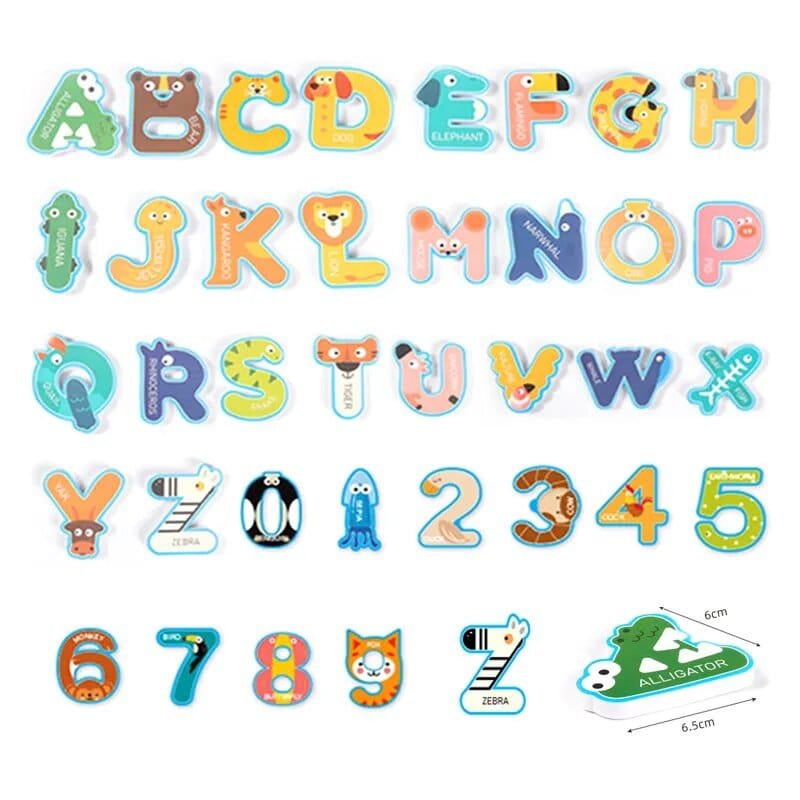 Colorful alphabet and number stickers with animal designs on a white background
