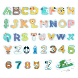 Colorful alphabet and number stickers with animal designs on a white background