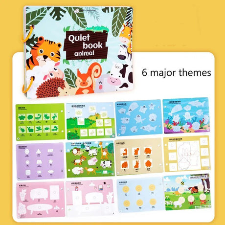 Children's quiet book with animal-themed pages on a yellow background