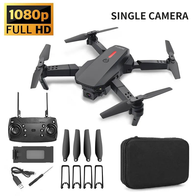 Black E88 4K Foldable RC Drone battery and carrying case final set for RC drone flying.