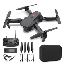 E88 4K Foldable RC Drone black edition with remote control, battery, propellers, and carrying case.