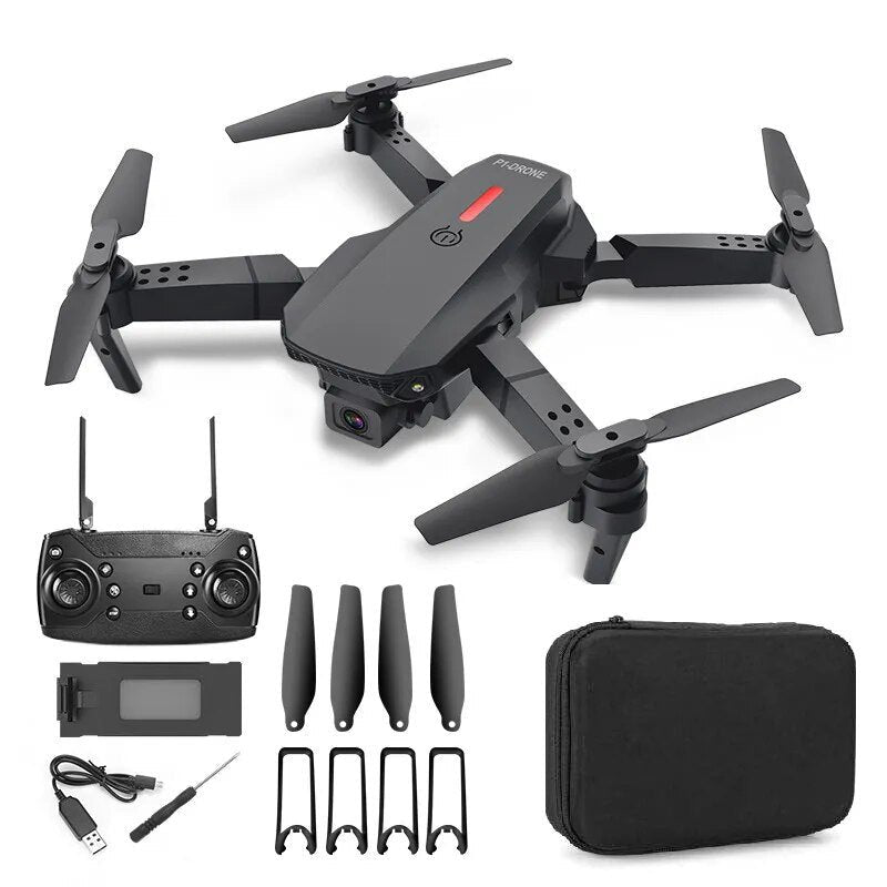 E88 4K Foldable RC Drone black edition with remote control, battery, propellers, and carrying case.